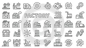 Factory icons in line design. Industry, manufacturing, work, technology, industrial, smart factory, conveyor isolated on