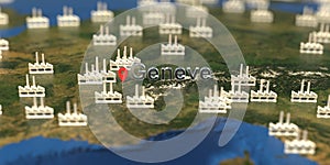 Factory icons near Geneve city on the map, industrial production related 3D rendering