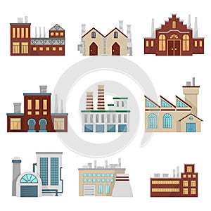 Factory illustrations set. Modern industrial buildings set isolate on white