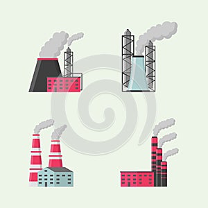 Factory or Industrial Building Flat Design style icon set. Set of industrial manufactories, building icons.