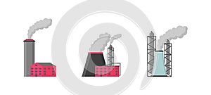 Factory or Industrial Building Flat Design style icon set. Set of industrial manufactories, building icons.