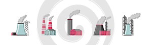 Factory or Industrial Building Flat Design style icon set. Set of industrial manufactories, building icons.