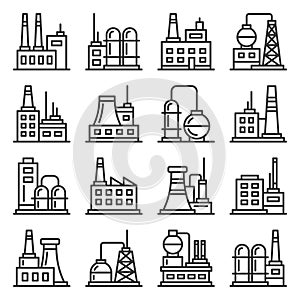 Factory and Industrial Building Icons Set. Line Style Vector