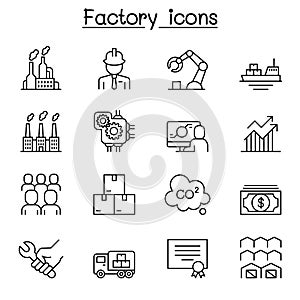 Factory, Industrial Building, Manufacturing icon set in thin line style