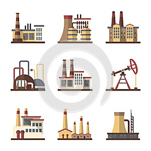 Factory industrial building and manufacturing plants vector flat icons