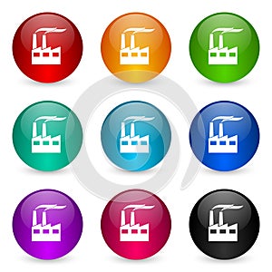 Factory, industrial building, plant, pollution icon set, colorful glossy 3d rendering ball buttons in 9 color options for