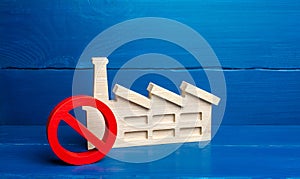 Factory industrial plant and red prohibition symbol NO. Free zone from harmful heavy industry. Environmental quotas