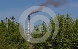 Factory with industrial smoke stacks on nature