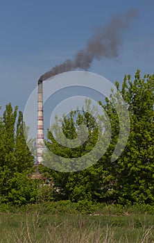 Factory with industrial smoke stacks on nature