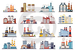 Factory industry manufactory power electricity buildings flat icons set isolated. Urban factory plant landscape vector