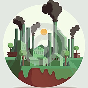 Factory Industry With Residential Buildings, Trees On Half Earth Globe And Sun Illustration. Earth Day