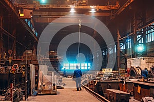 Factory interior. Heavy metallurgy industry. Foundry workshop. Steel Mill industrial plant. Metal manufacture. Large