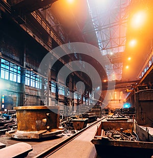 Factory interior. Heavy metallurgy industry. Foundry workshop. Steel Mill industrial plant. Metal manufacture. Large