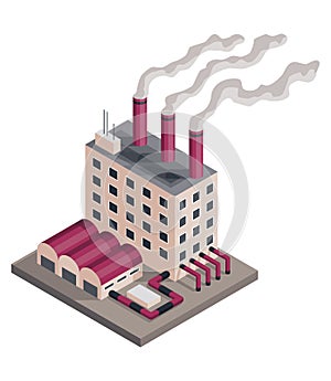 Factory isometric. Architecture of manufactures house. Industrial bulding. 3d isolated icon. Concept of industrial