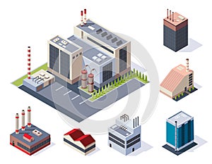 Factory isometric. Concept of industrial working plants with chimney tower. Industrial buldings. 3d isolated icons set