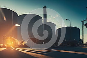 a factory with large tanks and a bright light shining through the window of the building behind it is a street light