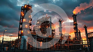 Factory in lights at sunset, scenery of oil and gas refinery plant or petrochemical industry. Chemical petroleum industrial