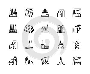 Factory line icons. Industry power, chemical manufacturing building warehouse nuclear energy plant. Industrial factories