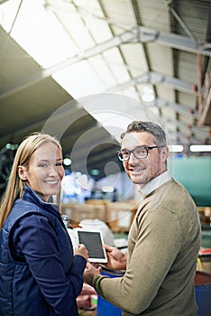 Factory, logistics and portrait of business people with tablet for manufacturing, ecommerce or distribution. Man, woman