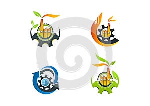 factory logo, leaf machine manufacture symbol, arrow process eco friendly concept design