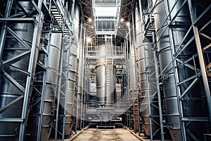 a factory with lots of stainless steel tanks