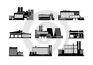 Factory, manufacturing plant and warehouse black silhouette icons isolated