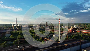 Factory metal steel drone aerial video shot smoke chimneys black processing hot, smog city Ostrava, dust air dron refinery