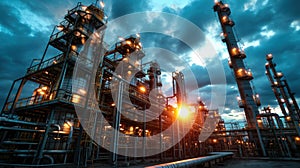 Factory at night, oil and gas refinery plant or petrochemical industry at dusk. Chemical petroleum industrial buildings with