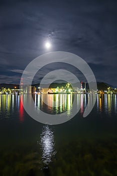 Factory night view and moon