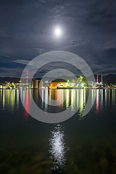 Factory night view and moon