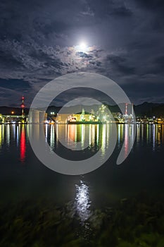 Factory night view and moon