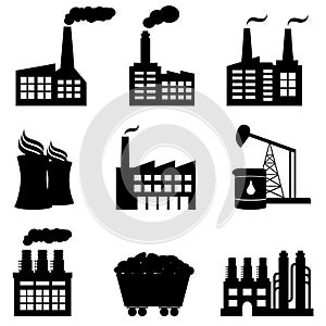Factory, nuclear power plant and energy icons