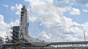 Factory on oil refining. Petrochemical industrial plant on the classic blue sky background. Space for text. Gasoline production