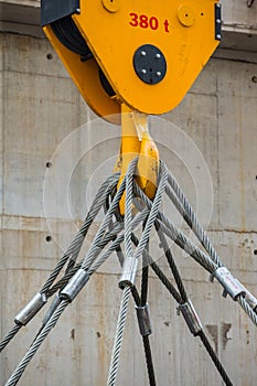 Factory overhead crane and yellow crane hook 380 t. and sling