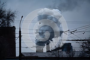 Factory pipe polluting air against, environmental problems, smoke from chimneys
