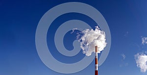 Factory pipe polluting air, smoke from chimneys. environmental problems, ecological theme. Banner copy space