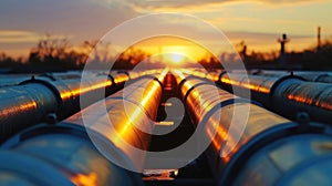 Factory pipeline at sunset, natural gas and oil pipes of refinery plant or petrochemical industry. Perspective view of steel