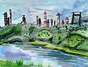 Factory pipes. Industrial city. River, green trees