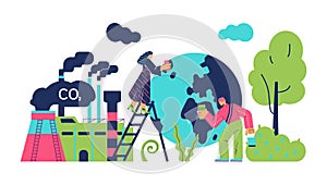 Factory, planet and people characters flat style, vector illustration
