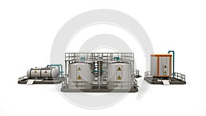 Factory and plant, boilers and barrels, monochrome images, set of design elements. 3d illustration of industrial zones