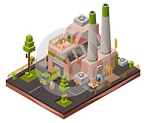 Factory plant isometric 3D illustration of modern industrial warehouse and logistics transport vehicles