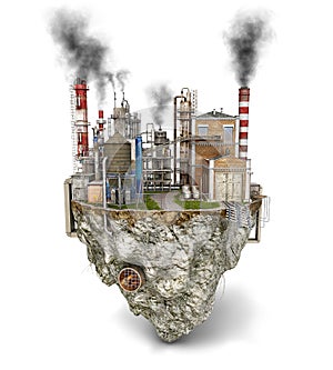 A factory that pollute the sky is ripped off on the floating island, isolated on a white background, photo