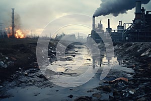 Factory polluting environment. Pollution of environment concept. Global warming, Abandoned factory in the middle of the river.