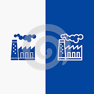 Factory, Pollution, Production, Smoke Line and Glyph Solid icon Blue banner Line and Glyph Solid icon Blue banner