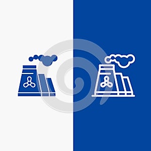 Factory, Pollution, Production, Smoke Line and Glyph Solid icon Blue banner Line and Glyph Solid icon Blue banner
