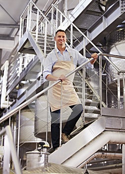 Factory, portrait and male wine maker standing on the stairs in a production warehouse. Success, smile and full length