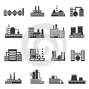 Factory power electricity industry manufactory buildings set of vector icons photo