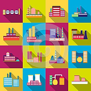 Factory power electricity industry manufactory buildings set of vector icons in flat