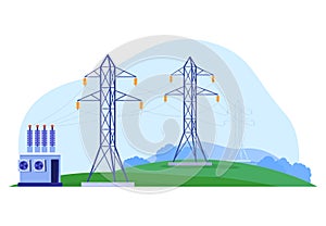 Factory power, electricity transmission, high voltage, danger to life, design cartoon style vector illustration