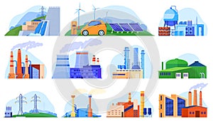 Factory power plants set of industrial constructions, urban enviroment, manufacturing stations isolated vector